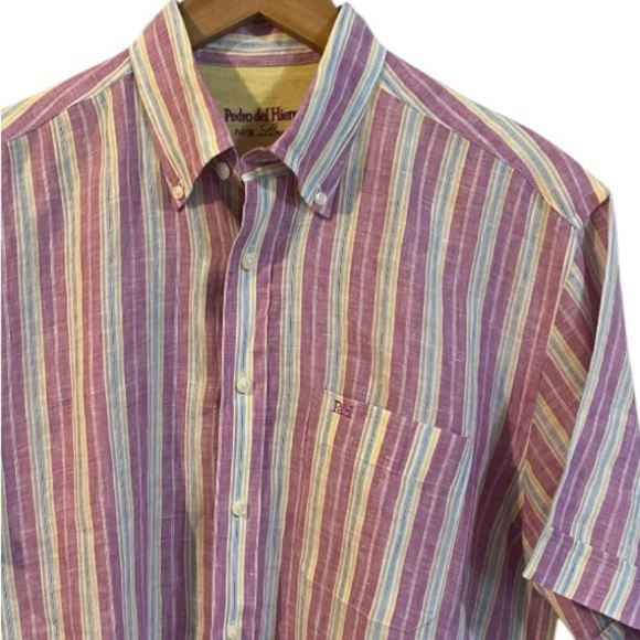 Pedro Del Hierro 100% Linen Button Down Shirt Men's Large Short Sleeve Purple - Picture 4 of 8